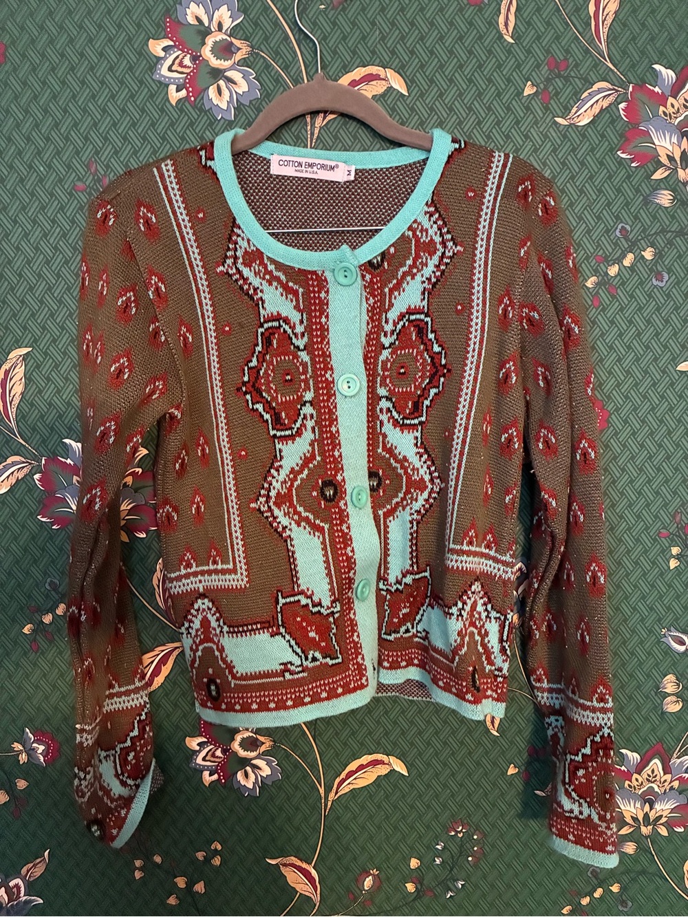 Cotton Emporium Brown & Aqua Geometric Button-Up Cardigan Vintage